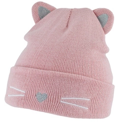 Dziewczęca czapka podwójna z kotkiem Noviti CZ100-G-02 Pudrowy Róż