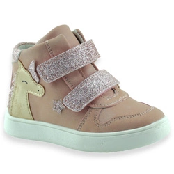 Połyskujące buty dziewczęce na rzep wkładka skóra Wojtyłko 26080 Różowe