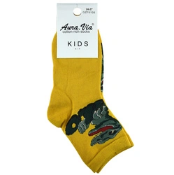 Żółte skarpetki dziecięce z motywem dinozaura bawełna  Aura.Via GZF9108