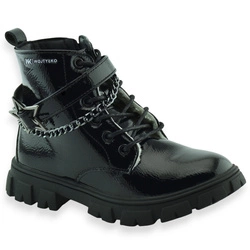 Lakierowane trapery dziewczęce z łańcuszkiem buty zimowe Wojtyłko 26100 Czarne